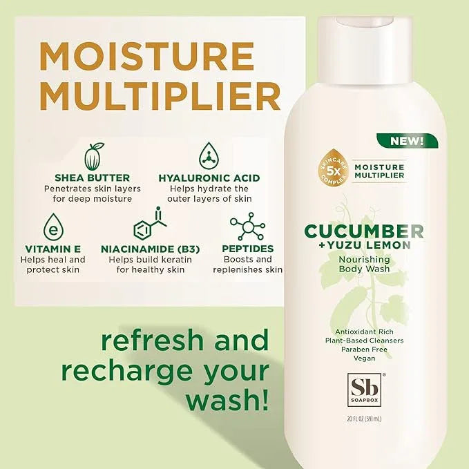 Soapbox Cucumber + Yuzu Lemon Body Wash for Women, Men, Vegan + Antioxidant Rich, Soothing, Moisturizing Soap with Shea Butter, Peptides & Keratin Promoting B3, 3 Pack, 20oz Each - ModernBath