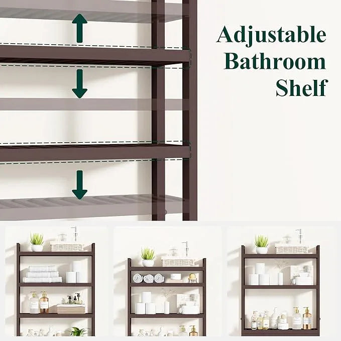 Smiry Over The Toilet Storage Cabinet, 4-Tier Bamboo Bathroom Organizers with Adjustable Shelf & 4 Hooks, Space Saving Shelf Rack for Bathrooms, Laundry Room, Balcony, Brown - ModernBath