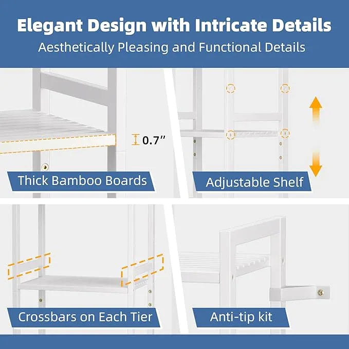 HITNET 5 Tier Bamboo Shelf, Tall Narrow Bookcase, Freestanding Bathroom Storage Unit with Adjustable Shelves, Modern Display Standing Bookshelf for Living Room, Bedroom, Home Office, White - ModernBath