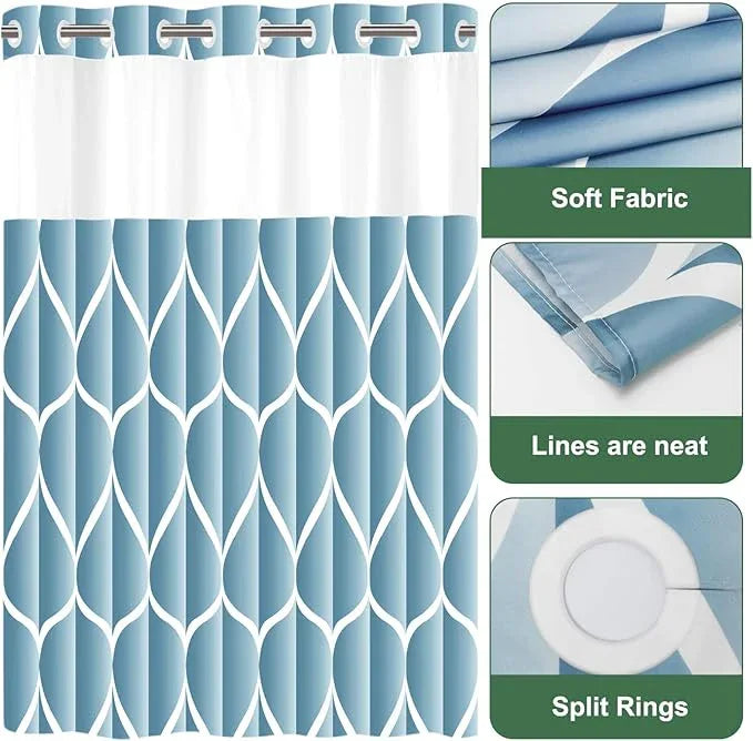 Yiatn No Hook Moonlight Blue Shower Curtain with Snap in Fabric Liner Set - Hotel Style with See Through Mesh Top Window, Modern Geometric Waterdrop Design,Waterproof and Washable, 71x74 INCH - ModernBath