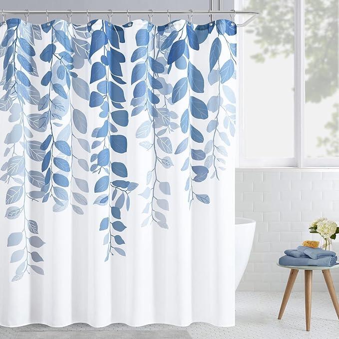 BOODII Long Shower Curtains 72x78, Blue Grey Eucalyptu Shower Curtains for Bathroom Floral Watercolor Leaves Botanical Curtain Nature Fabric Bath Curtain Country Plant Cloth - ModernBath