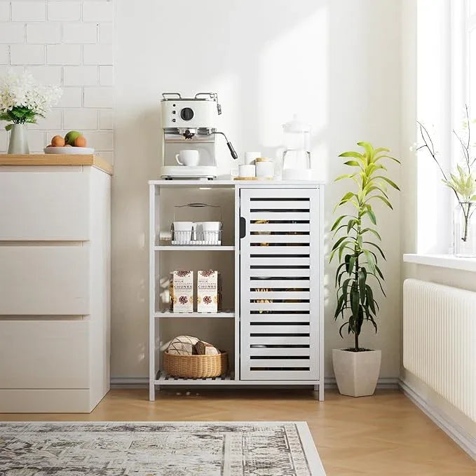 HITNET Bathroom Cabinet Freestanding, Bamboo Floor Cabinet, Side Storage Organizer with Door and 3 Shelves, Living Room Kitchen Cupboard, White - ModernBath