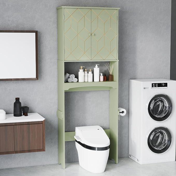 HLR Over The Toilet Storage Cabinet with Gold Trim, Over Toilet Bathroom Organizer with Adjustable Shelves and Toilet Paper Holder, Above Toilet Storage Cabinet Spacesaver for Bathroom (Green) - ModernBath