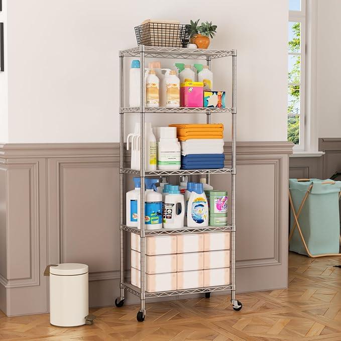 SINGAYE 5 Shelves Storage Shelf Wire Closet Bathroom Organizers Metal Pantry Kitchen Garage Shelving Unit Laundry Room Organization Home Rack Net Basket White with Wheels - ModernBath