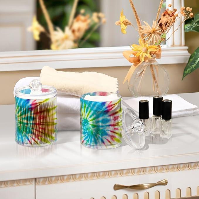 Qtip Holder Bathroom Set Q tip Cotton Ball Swab Pad Dispenser Container Organizer Plastic Jars with Lids Storage 2Pack Multicolor Tie Dye - ModernBath