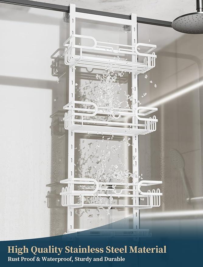 Consumest Over The Door Shower Caddy - 4 Tier Adjustable Hanging Shower Organizer Shelf with 2 Soap Holders & 22 Hooks, Rustproof Easy Installation Hanging Storage Rack for Bathroom, White - ModernBath