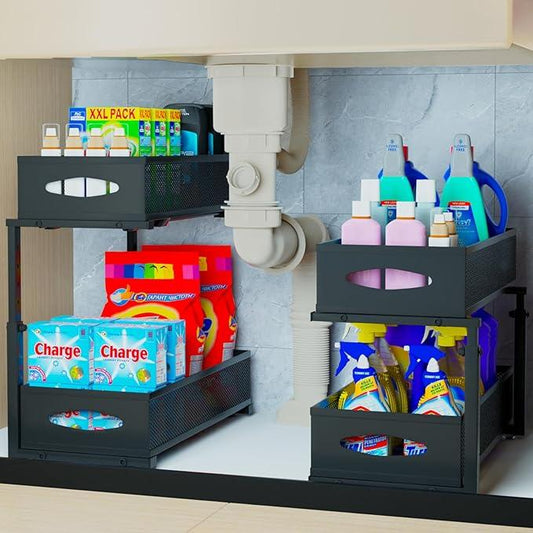 2 Pack Under Sink Organizer,2 Tier Pull Out Sink Shelf,Cabinet Organizer Shelves,Under Sink Shelf,Metal Sliding Drawer Storage for Kitchen Bathroom,Height Adjustable,Black - ModernBath