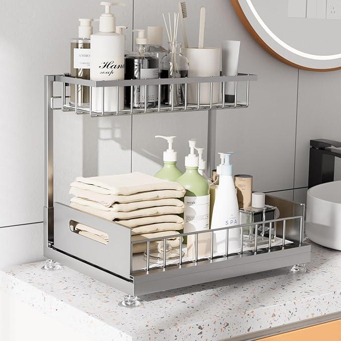 Under Sink Organizer Storage 2-Tier Premium Metal Pull-Out Racks, Height Adjustable, Heavy Dut and Easy Installation for Kitchen & Bathroom Organizers 1 Pack Grey - ModernBath