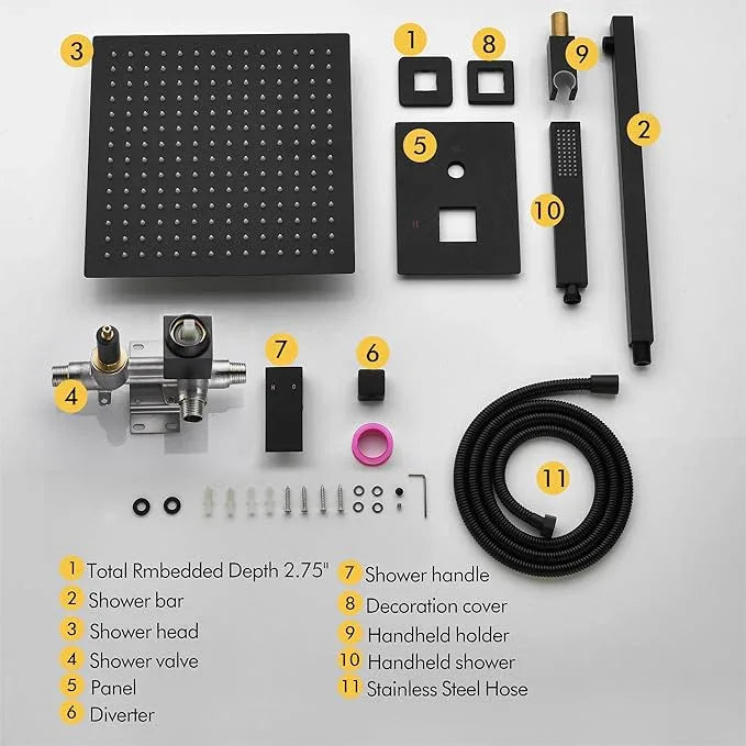Fransiton 12 Inches Matte Black Shower System Rain Shower System Set Wall Mounted, Rainfall Shower Head with Handheld, Bathroom Shower Kit (Valve Included) - ModernBath