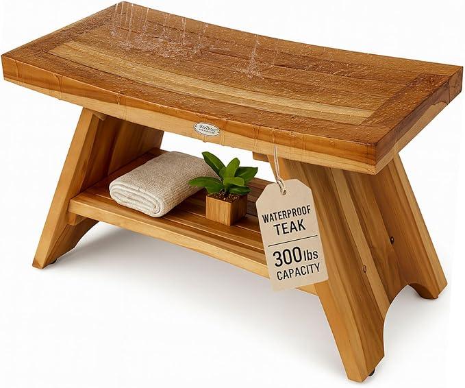 EcoDecors 30 Inch Serenity Teak Shower Bench – Waterproof Bathroom Seat with Large Storage Shelf For Adults & Seniors | Spa-Style Teak Wood Stool with Non-Slip Feet, Elegant Finish, 300 Pound Capacity - ModernBath