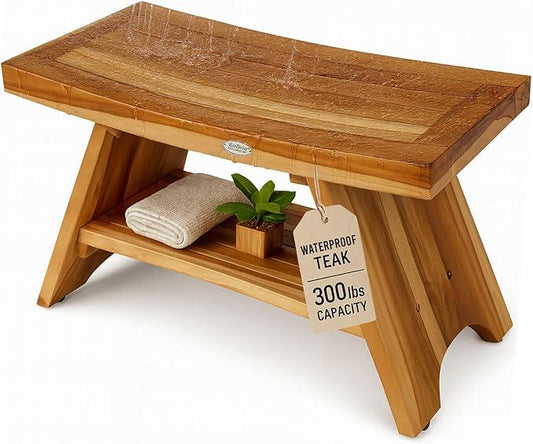 EcoDecors 30 Inch Serenity Teak Shower Bench – Waterproof Bathroom Seat with Large Storage Shelf For Adults & Seniors | Spa-Style Teak Wood Stool with Non-Slip Feet, Elegant Finish, 300 Pound Capacity - ModernBath