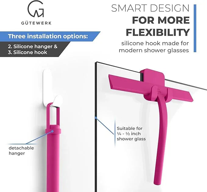 GÜTEWERK Shower Squeegee for Glass Doors, Silicone Window Squeegee, Bathroom and Glass Cleaning - Pink - 11 Inch - ModernBath