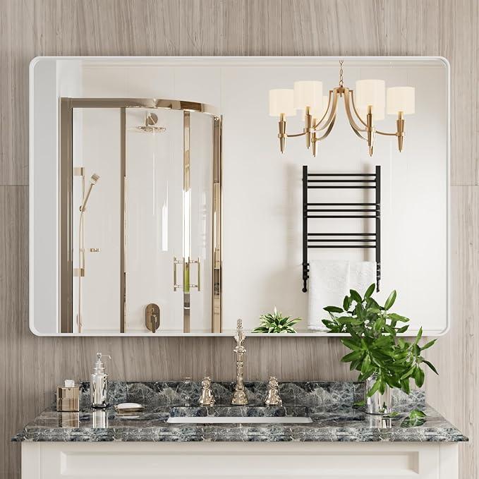 JISOSO White Bathroom Mirror 48x32 Inch, White Metal Framed Bathroom Mirror for Wall, Rounded Rectangle Matte Bathroom Vanity Mirror, Tempered Glass, Anti-Rust, Horizontal/Vertical - ModernBath