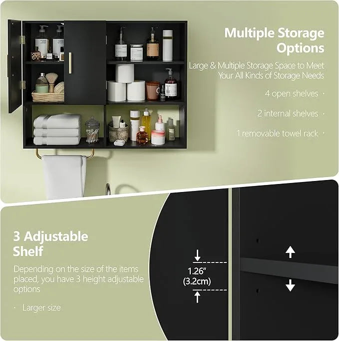 Bathroom Wall Cabinet Wood Large Wall Mounted Medicine Cabinet with 2 Doors and 4 Open Shelves Over Toilet Storage Cabinet Organizer with Towel Bar, Black - ModernBath
