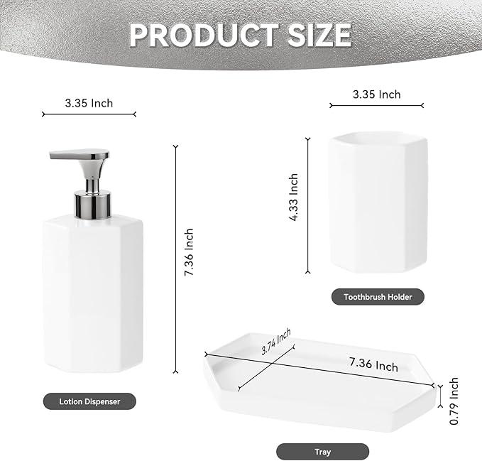 Silver Soap Dispenser Pump Ceramic Bathroom Accessories Complete with Soap Dispenser, Toothbrush Holder, Bathroom Tumbler, and Vanity Tray - Modern Bathroom Decor,3PCS - ModernBath