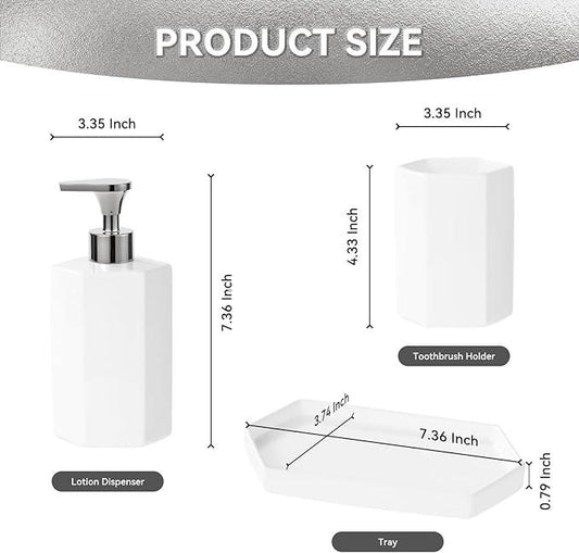 Silver Soap Dispenser Pump Ceramic Bathroom Accessories Complete with Soap Dispenser, Toothbrush Holder, Bathroom Tumbler, and Vanity Tray - Modern Bathroom Decor,3PCS - ModernBath