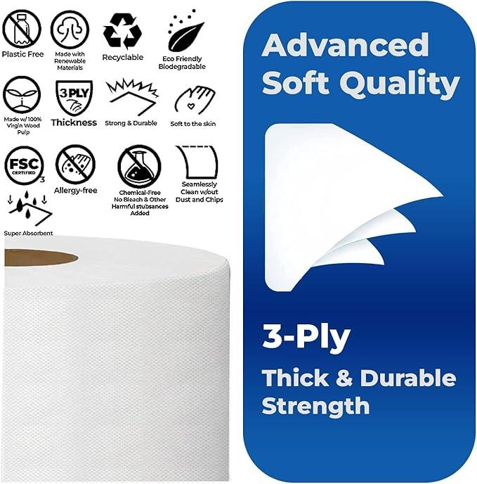 Commercial toilet paper - Jumbo toilet paper rolls -3,600 FT Industrial 3-Ply 9” Bulk Large Roll for Standard Jumbo Dispenser -100% Recycled Fibers-Soft and Absorbent Bathroom Tissue -6 Roll Case Pack - ModernBath