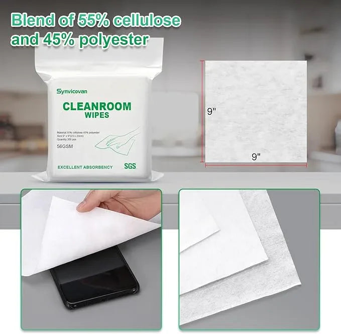 Synvicovan Cleanroom Wipes 9"x9" (300 Pcs, Cellulose/Polyester Blend, Grade B, 56GSM) Lint Free Wipes for Laboratory, Electronics, Pharmaceutical,Printing,Automotives and Semiconductor Industries - ModernBath