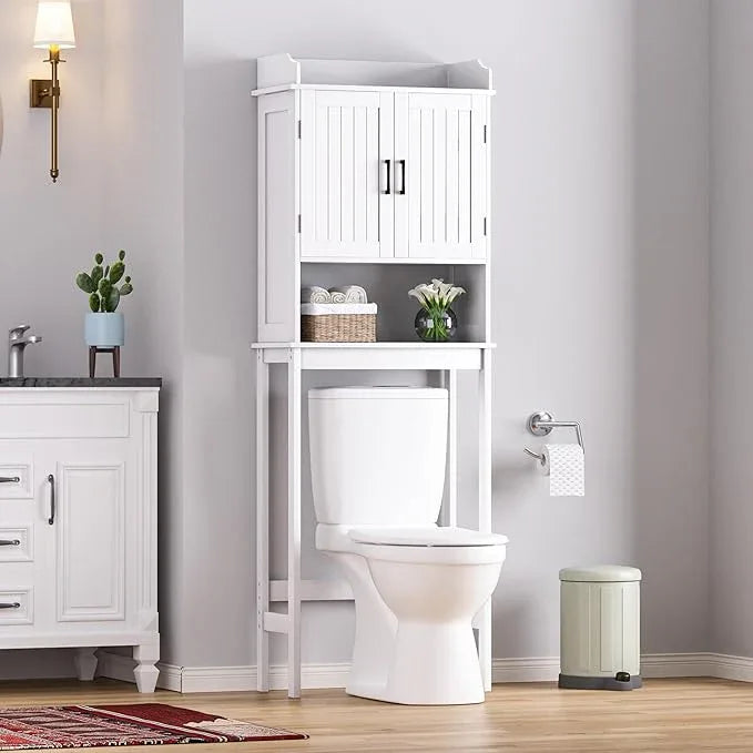 VEIKOU Over The Toilet Storage Cabinet, Bathroom Cabinet, Freestanding Over The Toilet Storage/Adjustable Shelf Rack, White - ModernBath