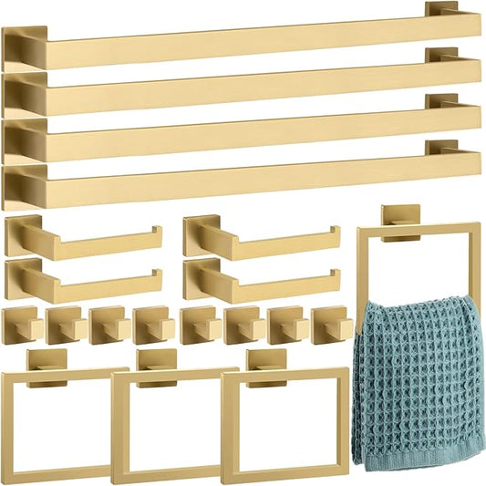 Gisafai 20 Pcs Gold Bathroom Hardware Accessories Set 23.6 Inch Bath Towel Bar Kit Stainless Steel Bathroom Hardware Set Towel Racks Ring Robe Hooks Paper Holder for Wall Mounted