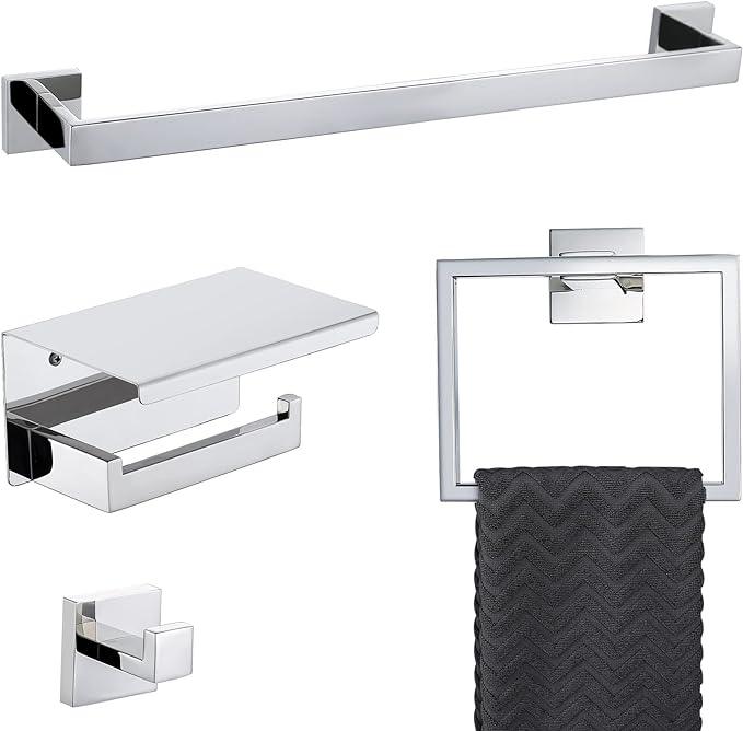 4-Piece Bathroom Hardware Set Chrome Bath Towel Bar Holder Sets Wall Mounted Stainless Steel Square Bathroom Accessory Kit, Polished Chrome 23.6 Inch - ModernBath