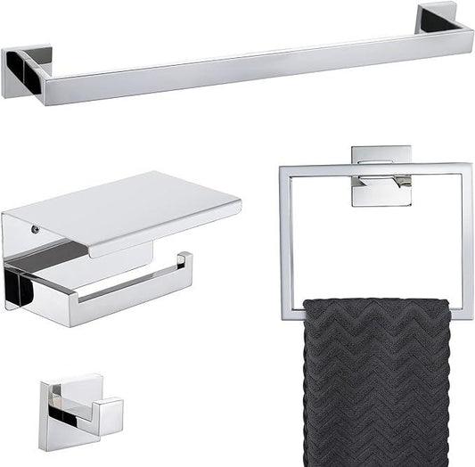 4-Piece Bathroom Hardware Set Chrome Bath Towel Bar Holder Sets Wall Mounted Stainless Steel Square Bathroom Accessory Kit, Polished Chrome 23.6 Inch - ModernBath
