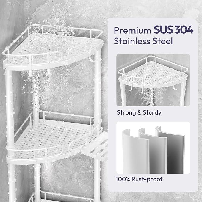 SWTYMIKI Corner Shower Caddy Standing - 4 Tier Stainless Steel Shower Organizer Stand with 4 Hooks & Soap Holder, Rustproof Metal Standing Tall Floor Shower Shelf and Bathroom Organizer, White - ModernBath
