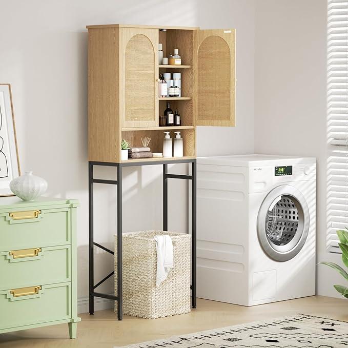 Rattan Toilet Storage Cabinet, Over the Rack Wood Cabinet with Metal Stand, Bathroom Organizer with Adjustable Shelf, Tall Freestanding Washer Shelf, Small Cupboard, Space Saver, Natural style - ModernBath