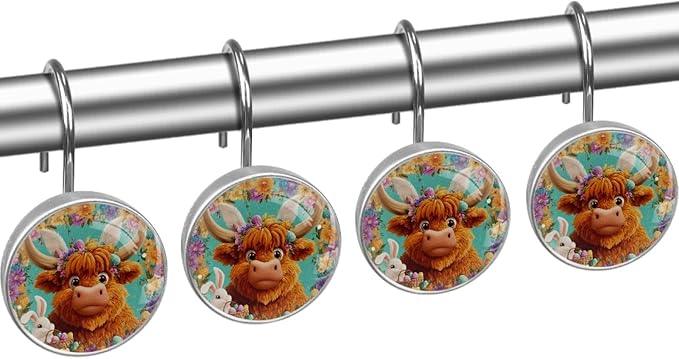 Easter Highland Cows and Flowers Shower Curtain Hooks Rings, Stainless Steel Rust Proof Shower Curtain Hooks, Decorative Shower Hooks for Bathroom Shower Rods Curtains, Set of 12 - ModernBath