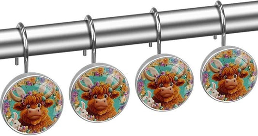 Easter Highland Cows and Flowers Shower Curtain Hooks Rings, Stainless Steel Rust Proof Shower Curtain Hooks, Decorative Shower Hooks for Bathroom Shower Rods Curtains, Set of 12 - ModernBath