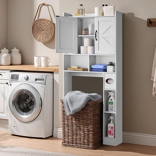 VEVOR Over The Toilet Storage Cabinet, 66.14‘’ Height Bathroom Storage Cabinet Over Toilet with Barn Door and Adjustable Shelf, Bathroom Space-Saving Toilet Rack White Wood with Open Shelf