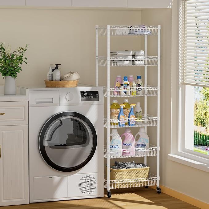 6 Tier Basket Shelf Wire Shelving Unit Adjustable Storage Shelves Big Basket Rack for Garage Kitchen Office Pantry Corner 17.2" Dx12.2 Wx63 H White - ModernBath