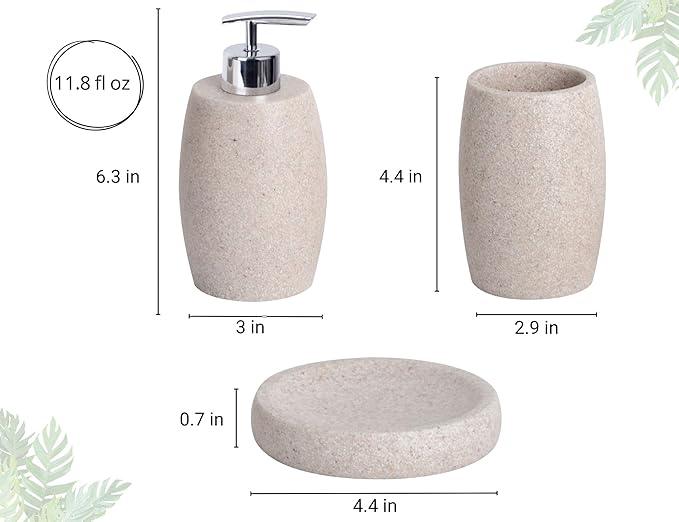 Clasin Home Beige Bathroom Accessories Set 3 PC, Resin Sandstone Look Soap Dispenser, Toothbrush Cup, Soap Dish, Bathroom Soap Dispenser Set for Home Decor and Kitchen - ModernBath