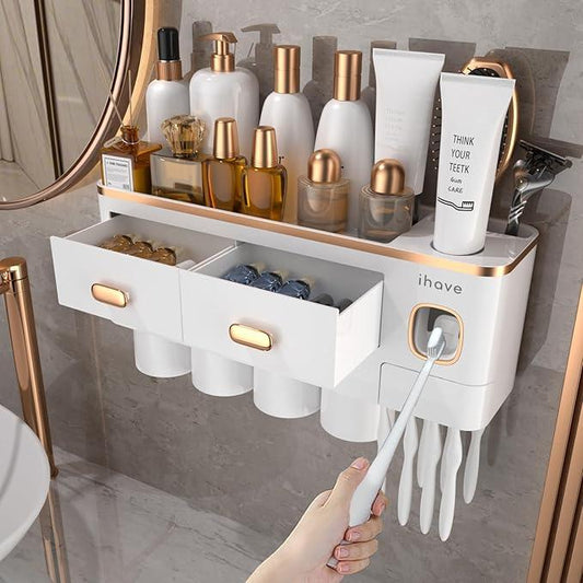 iHave Toothbrush Holders Wall Mounted with Toothpaste Dispenser & 4 Cups - Premium White and Gold Design for Bathroom Decor, All-in-One Bathroom Organizers & Storage for Toothbrushes and Accessories - ModernBath