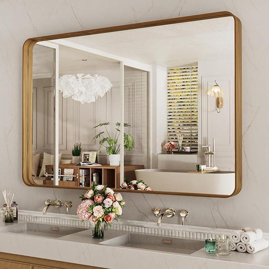 LOAAO 48X30 Inch Bathroom Mirror with Wood Grain Colored Metal Frame, Rounded Rectangle Metal Framed Bathroom Mirror, Anti-Rust, Hangs Horizontally or Vertically, Tempered Glass - ModernBath