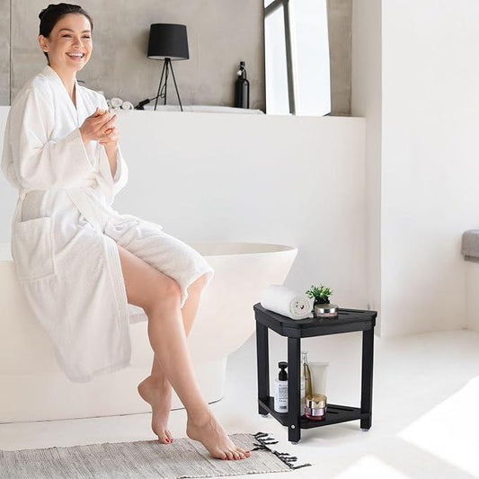 Boulphia Shower Foot Rest 14in, Acacia Wood Shower Stool for Shaving Legs (Black) - ModernBath
