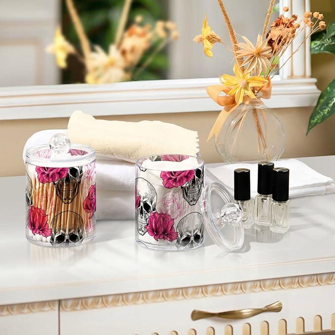 BOENLE 2 Pack Qtip Holder Dispenser Skull Rose Flower Bathroom Storage Canister Lid Acrylic Plastic Apothecary Jar Set Vanity Makeup Organizer for Cotton Swab/Ball/Round Pads, Floss - ModernBath