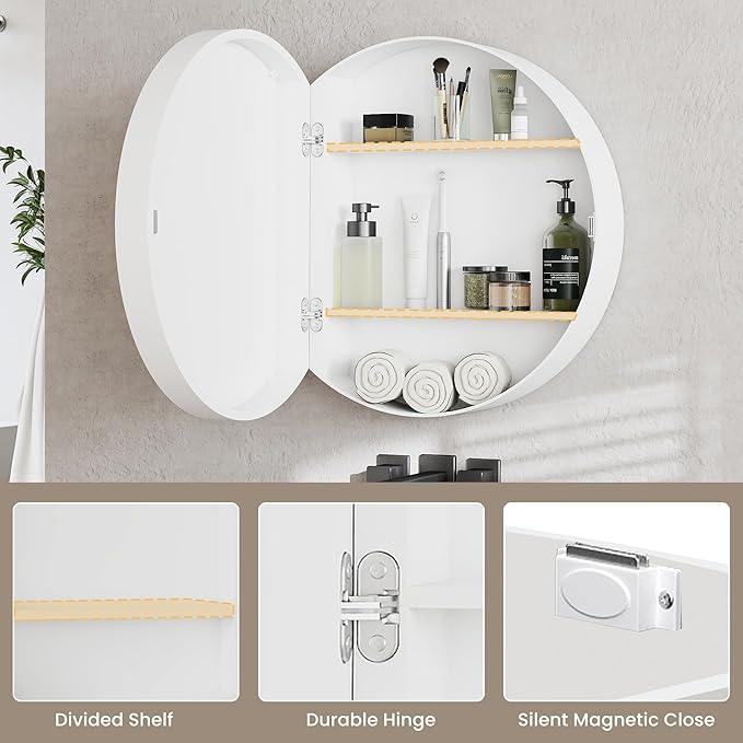 SUNWAVE 20 Inch Round Black Medicine Cabinet with Mirror, Modern Wall Mounted Vanity Cabinet for Bathroom, Circle Bathroom Mirror with Storage, Space-Saving Wood Cabinet (White, 20 Inch) - ModernBath