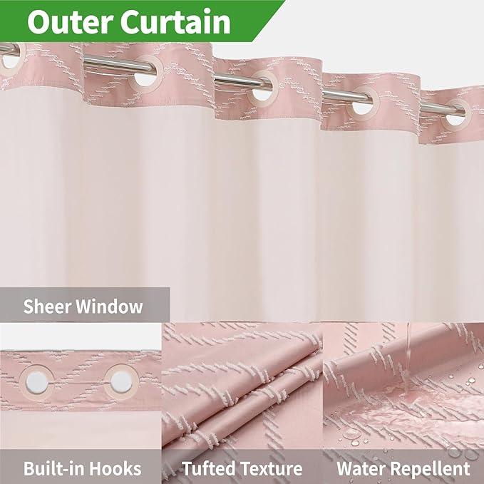 Blush Pink No Hook Shower Curtain with Snap-in Liner Set,Boho Modern Farmhouse White Tufted Chevron Striped Design,Woven Fabric Bathroom Curtain,71x74 - ModernBath