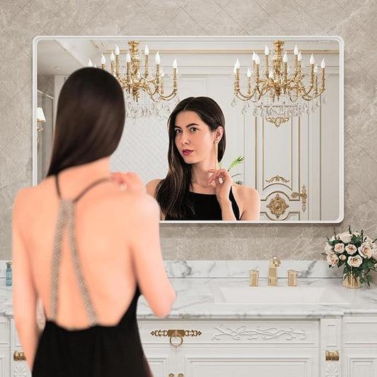 LOAAO 60x36 Inch White Metal Framed Bathroom Mirror for Wall, White Bathroom Vanity Mirror Farmhouse, Large Rounded Rectangle Mirror, Anti-Rust, Tempered Glass, Hangs Horizontally or Vertically - ModernBath
