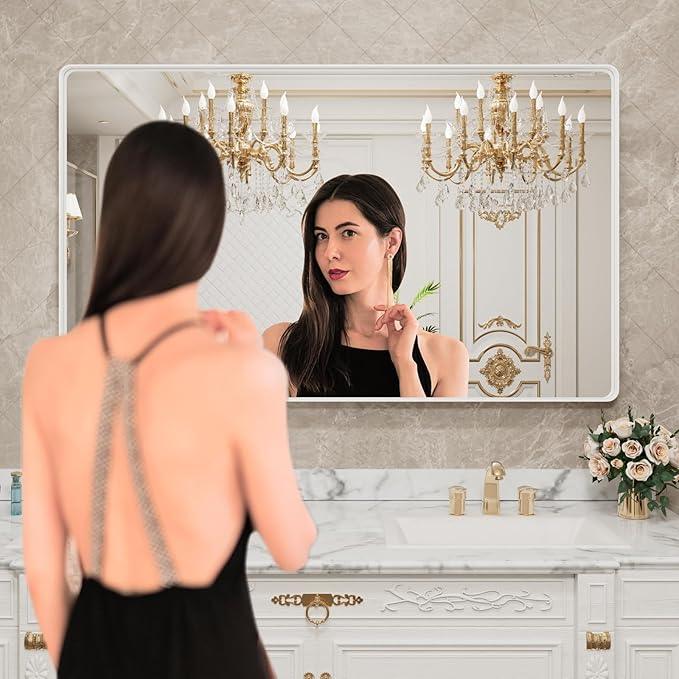 LOAAO 60x40 Inch White Metal Framed Bathroom Mirror for Wall, White Bathroom Vanity Mirror Farmhouse, Large Rounded Rectangle Mirror, Anti-Rust, Tempered Glass, Hangs Horizontally or Vertically - ModernBath