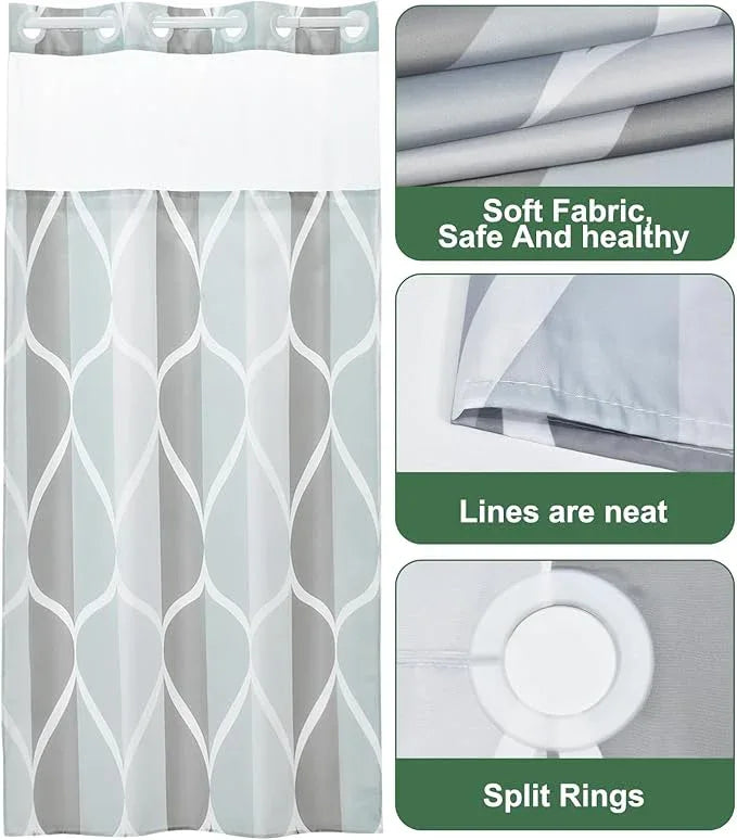 Yiatn No Hook Grey Small Stall Shower Curtain with Snap in Fabric Liner Set - Hotel Style with See Through Mesh Top Window, Modern Geometric Waterdrop Design,Waterproof and Washable, 36x74 INCH - ModernBath