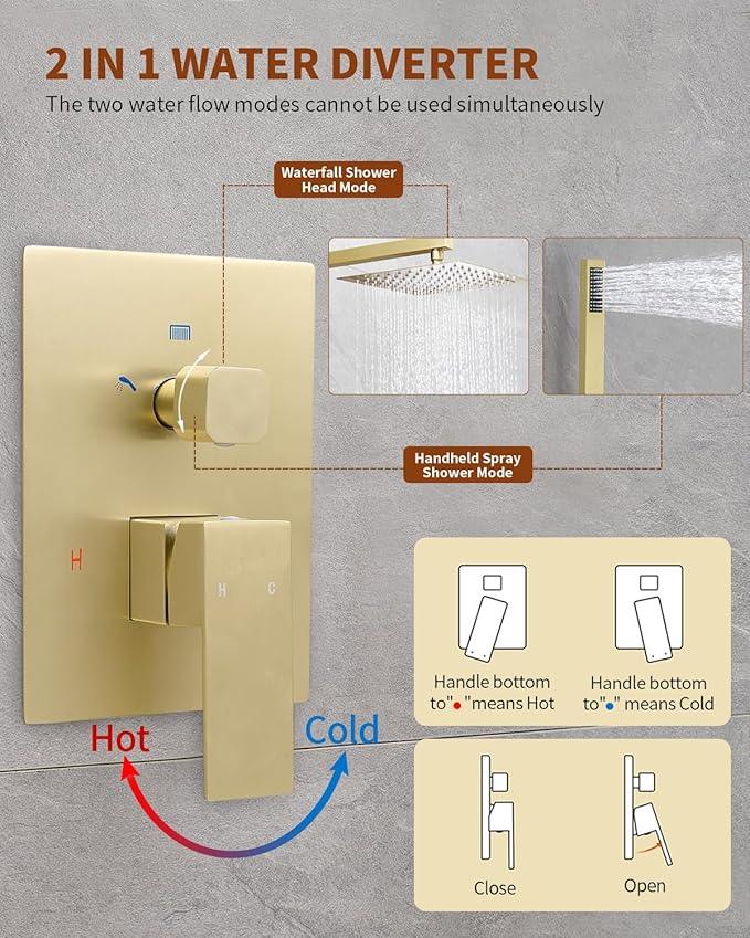 Fransiton Shower Faucet set with Shower head 10 Inches Rainfall Shower Head and Handle Set Single Handle Wall Mounted Shower System Set with Female Threads Valve Body(10", Brushed Gold) - ModernBath