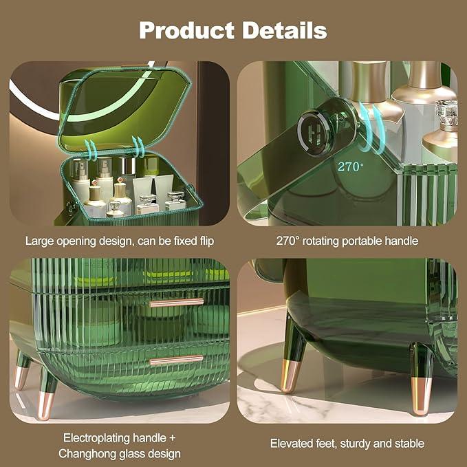 Ergocar Portable Retro Series Multi-Function Make Up Case Dustproof Cosmetic Storage Box, Skin Care Products Jewelry Organizer Finishing Box Bathroom Desktop - Retro Green - ModernBath