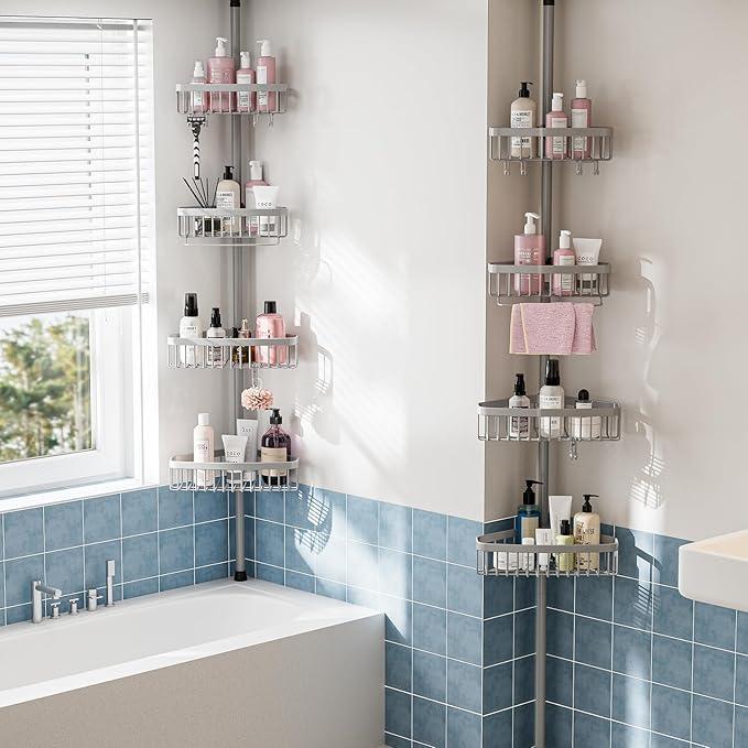 Corner Shower Caddy Tension Pole: Stainless Steel Rustproof 4-Tier Shower Organizer - 47-121 inch Adjustable Bathroom Shelves for Bathtub Shampoo Storage - Tension Rod Floor Standing Bath Rack - ModernBath