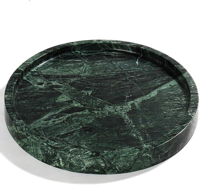 Real Natural Round Marble Tray for Bathroom, Genuine Marble Stone Vanity Tray, Luxury Storage Trays for Kitchen, Vanity, Home Decor, Dresser, Non-Resin/Non-Ceramic, 10"x 1", Green - ModernBath