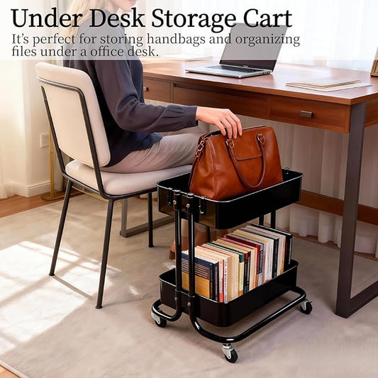 2 Tier Cart with Wheels Heavy Duty Metal Rolling Storage Cart for Under Desk Storage, Short Small Utility Shelf for Pantry Kitchen Bathroom Laundry, Home Organizer with Large Basket, Black