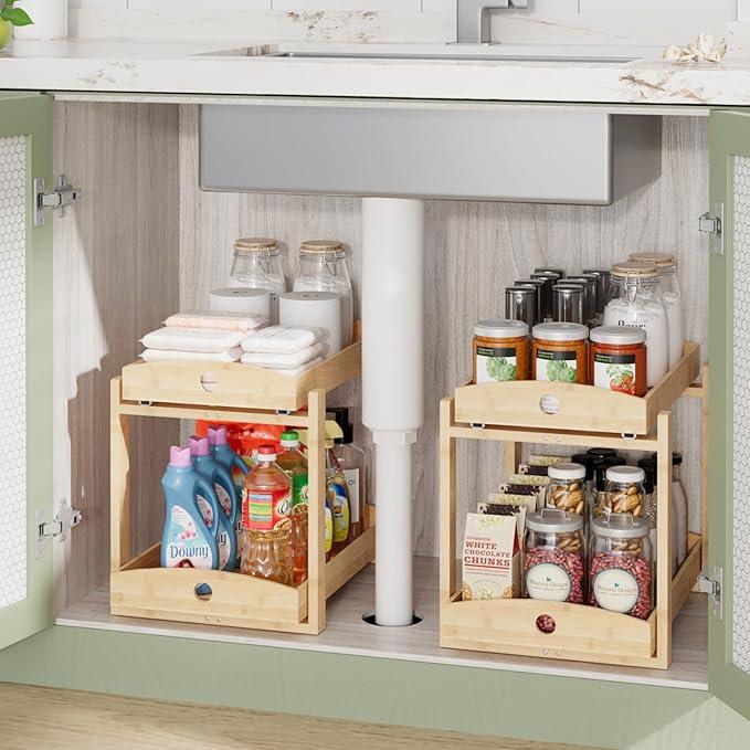 2 Pack Under Sink Organizer, Bamboo Wooden 2-Tier Pull-Out Storage with Sliding Drawers for Kitchen and Bathroom Cabinets, Easy Installation (Natural) - ModernBath