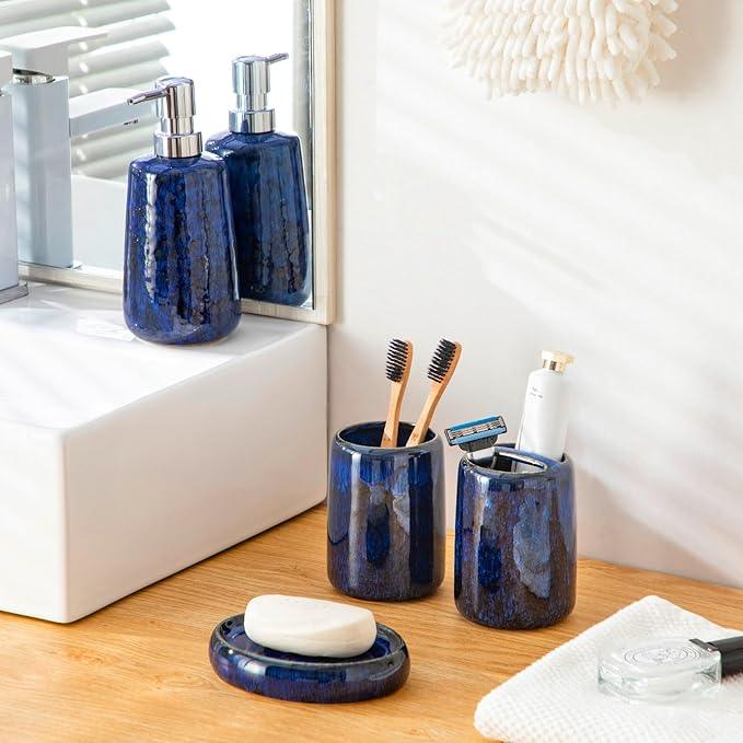 vancasso Blue Bathroom Accessories Set, Ceramic Soap Dispenser and Toothbrush Holder Sets, Stoneware 4 Pcs Bathroom Sink Set for Modern Home Decor, Series Starry - ModernBath