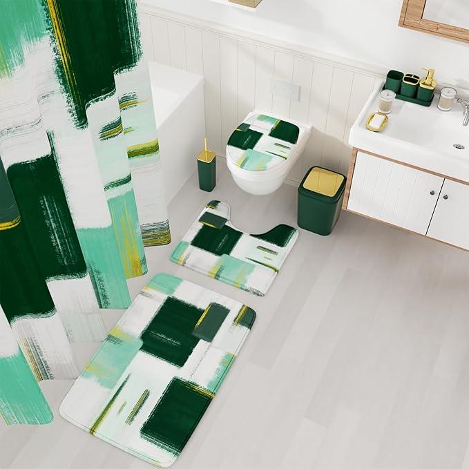 XLHOMO Bathroom Accessories Set - 25PC Bathroom Set with Shower Curtain and Rugs, Green Bathroom Set, Bathroom Accessory Set with Press-on Lid Trash Can, Soap Dispenser and Qtip Holders - ModernBath